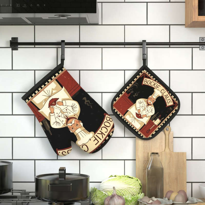 2pcs Retro Chef Oven Gloves and Pot Mats Heat Resistant Vintage Kitchen Decor Suitable for
