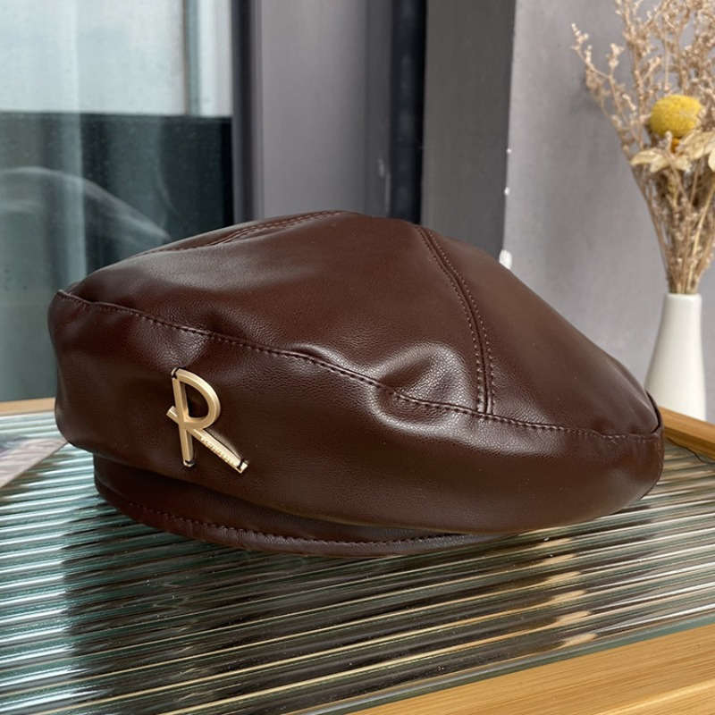 1pc Men'S Women'S Stylish Black White Letter R Beret Hat Lightweight Polyester Vintage-In