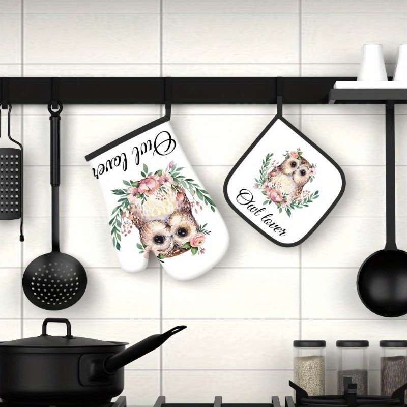 2pcs Set Owl Lover Themed Polyester Oven Mitts and Pot Holders 26.92x17.02 cm Heat Resistant