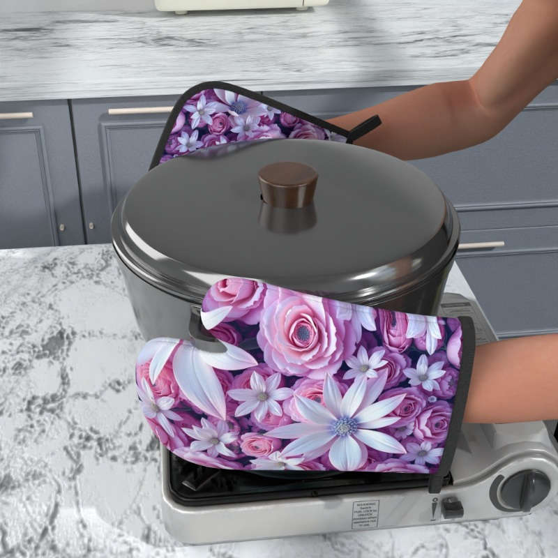 2pcs 26.92x17.02 cm Heat Resistant Oven Mitts and Potholders Beautiful Purple Flowers Oven Mitt