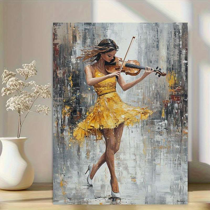 1pc  Dynamic Violin Playing Lady Canvas Art Energetic Performance in Yellow Dress a Beaut