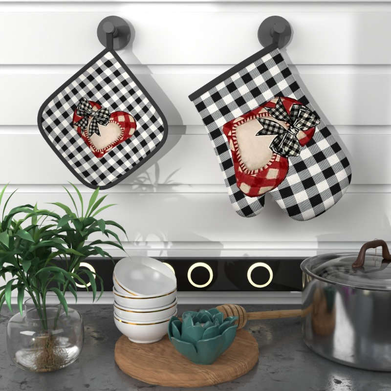 2pcs Valentine'S Day Romantic Plaid Love Oven Mitt Set 26.92x17.02 cm Heat Resistant Polyester