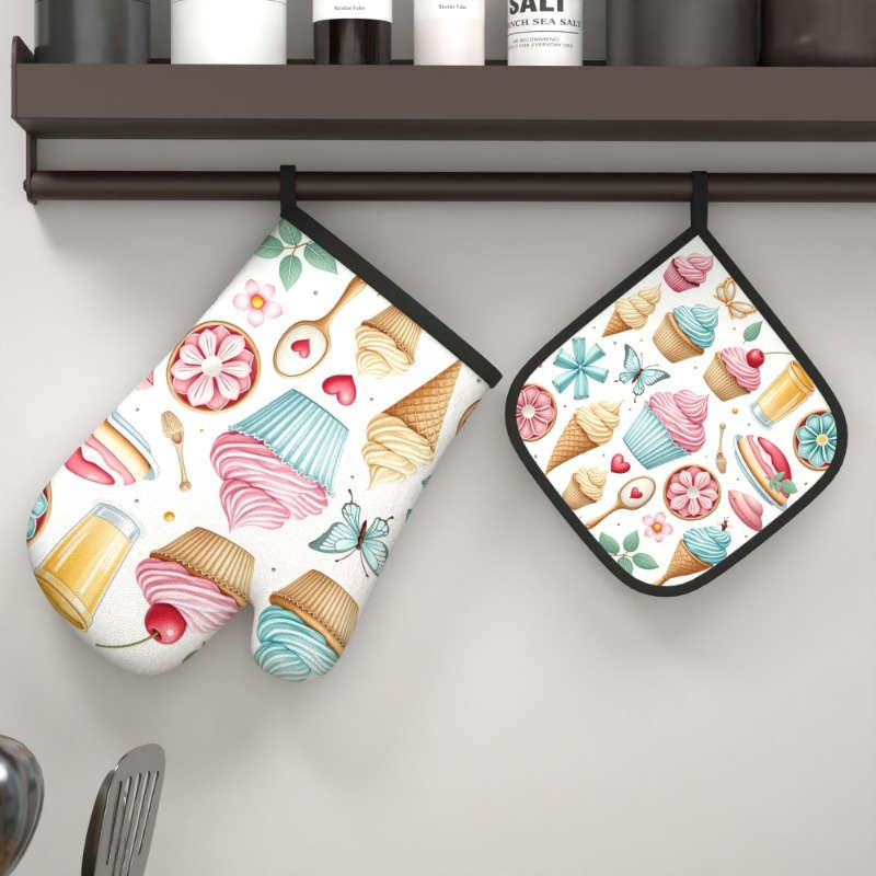 2pcs Colorful Dessert Butterfly Design Heat-Resistant Oven Mitts 26.92x17.02 cm Polyester K