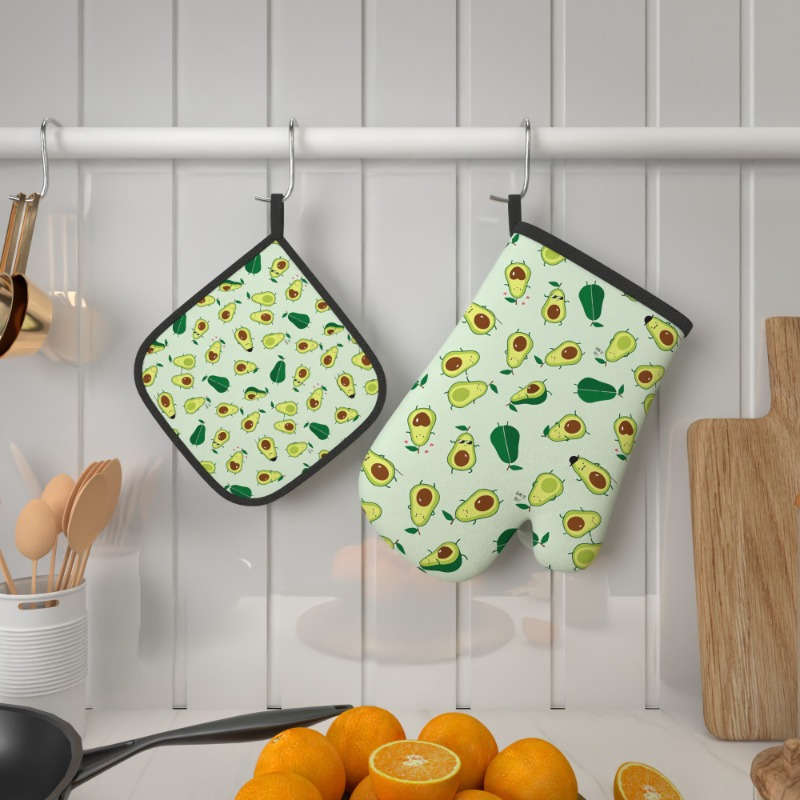 2pcs Avocado Pattern Oven Mitt Set Heat Resistant Polyester Kitchen Accessories Machine Washa