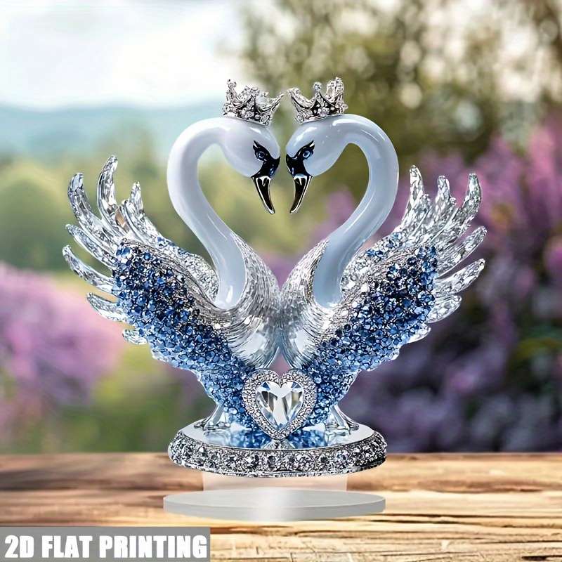 1pc 2D Flat   Ornate Style Acrylic Swan Statue with Heart Shaped Crown Romantic Desktop Decorat