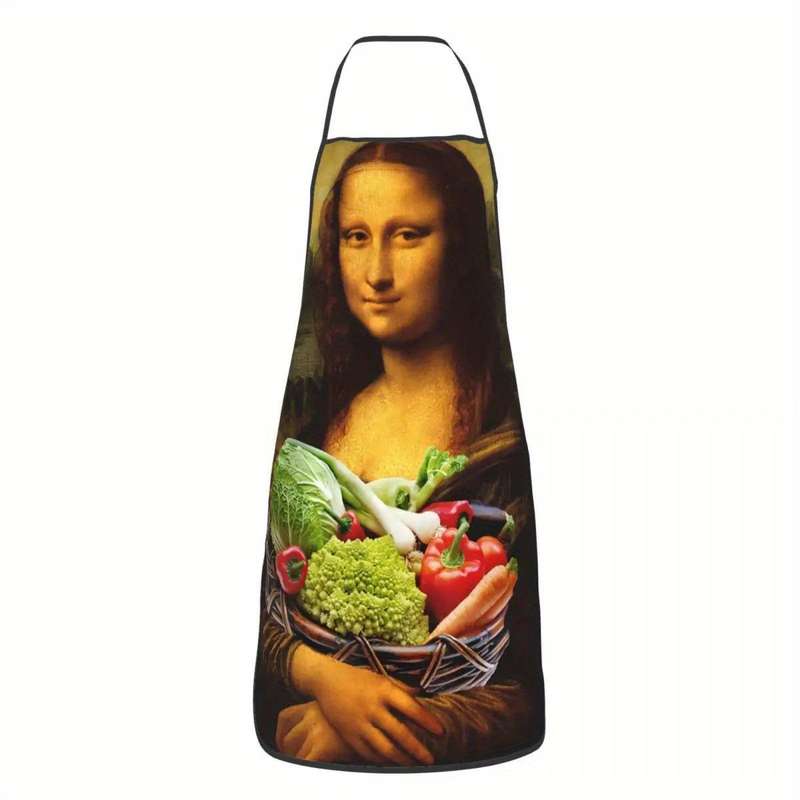 1pc Funny Mona Lisa Loves Vegetables Apron Humorous Artistic Design 100% Polyester Bib Apron
