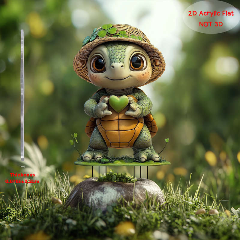 1pc 2D Flat    PrintingCute  Acrylic Turtle Garden Stake with Four Leaf Clover Vivi