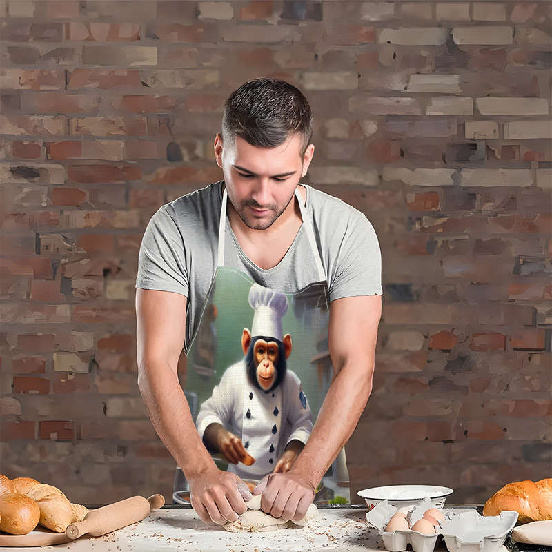 1pc Creative Monkey Chef Pattern Apron Adjustable Straps Durable Polyester Kitchen Cooking Bi