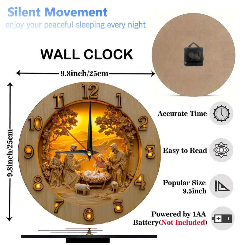 1pc 2D Vintage Wooden Round Wall Clock Featuring a Nativity Scene Designed in a Cottage Style for Ho