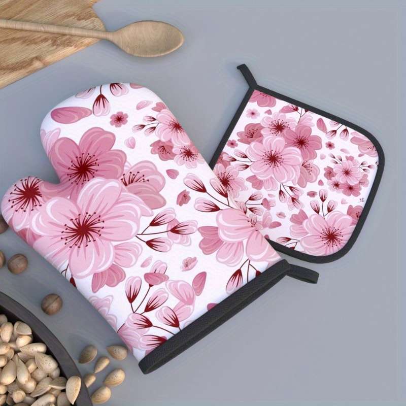 2pcs Pink Cherry Blossom Oven Mitts Pot Holders (26.92x17.02cm) Heat Resistant Polyester