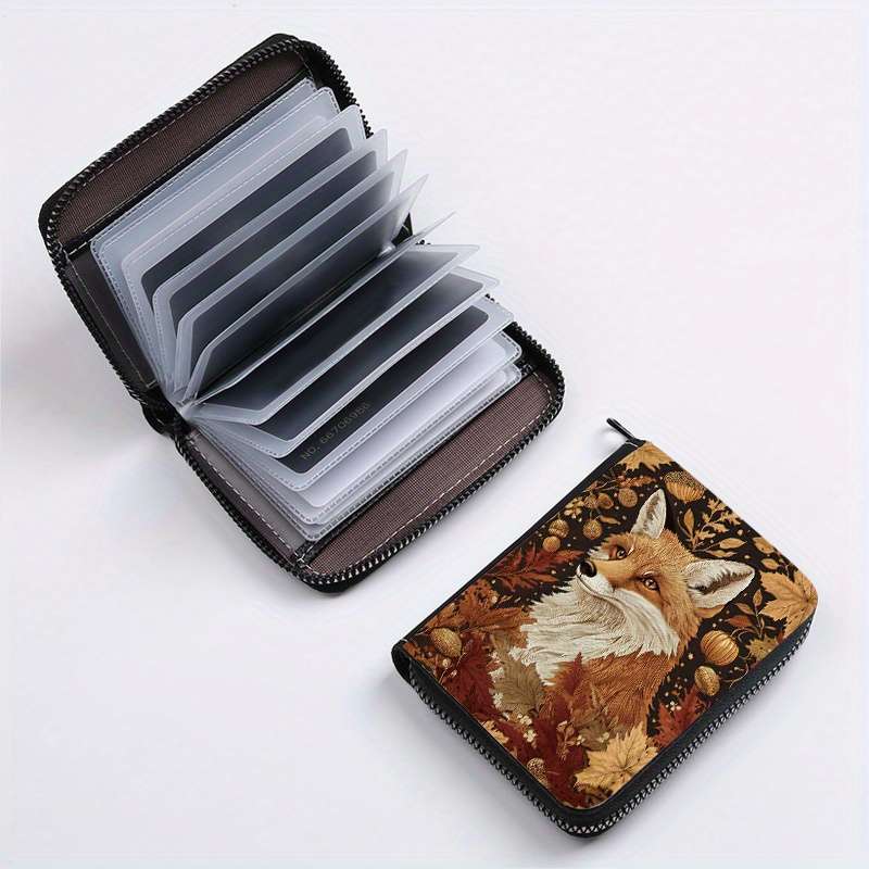 1pc Chic Autumn Fox Print Credit Card Holder 24 Slots Zippered Coin Purse ID Wallet for Men an