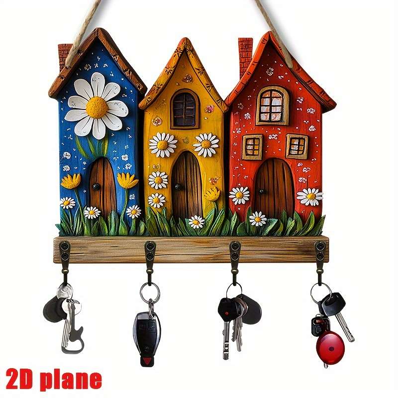 2D Flat 1pc Colorful Cottage Simple Wooden Home Key Holder with Four Metal Hooks 30.0cm x 24.99cm