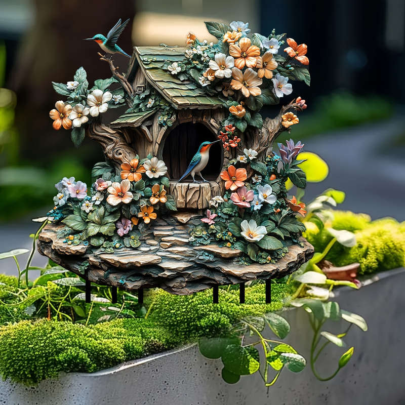 1pc 2D Flat   Acrylic Bird Garden Statue Vibrant Floral Design with Singing Bluebird in Birdhou
