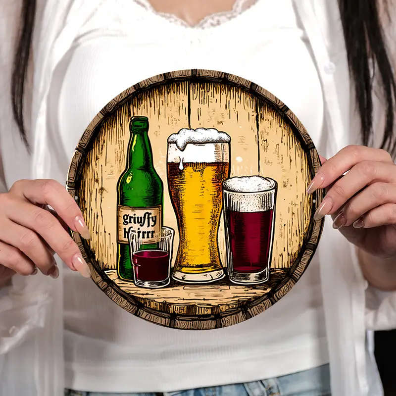 1pc Room Decor Vintage Beer Culture Themed Hanging Ornament Decorative Circular Aluminum Sign 18.41c