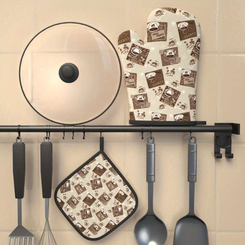 2pcs Coffee Time Oven Mitts Potholders Heat-Resistant Machine Washable Polyester with Fun