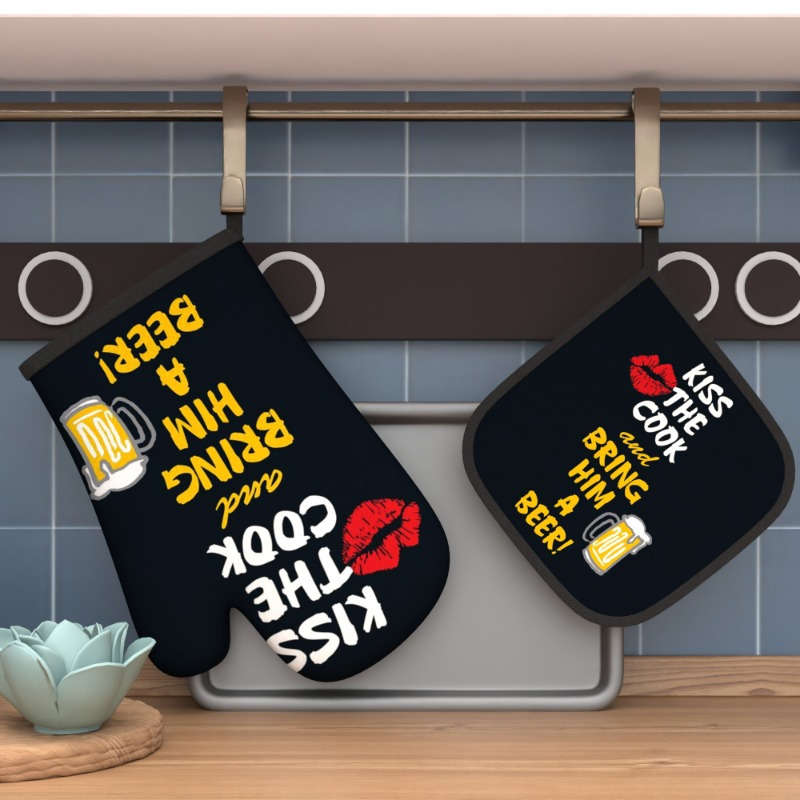 2pcs Heat-Resistant Oven Mitts Pot Holders Beer-Themed Kitchen Gloves with Fun Phrases Bla