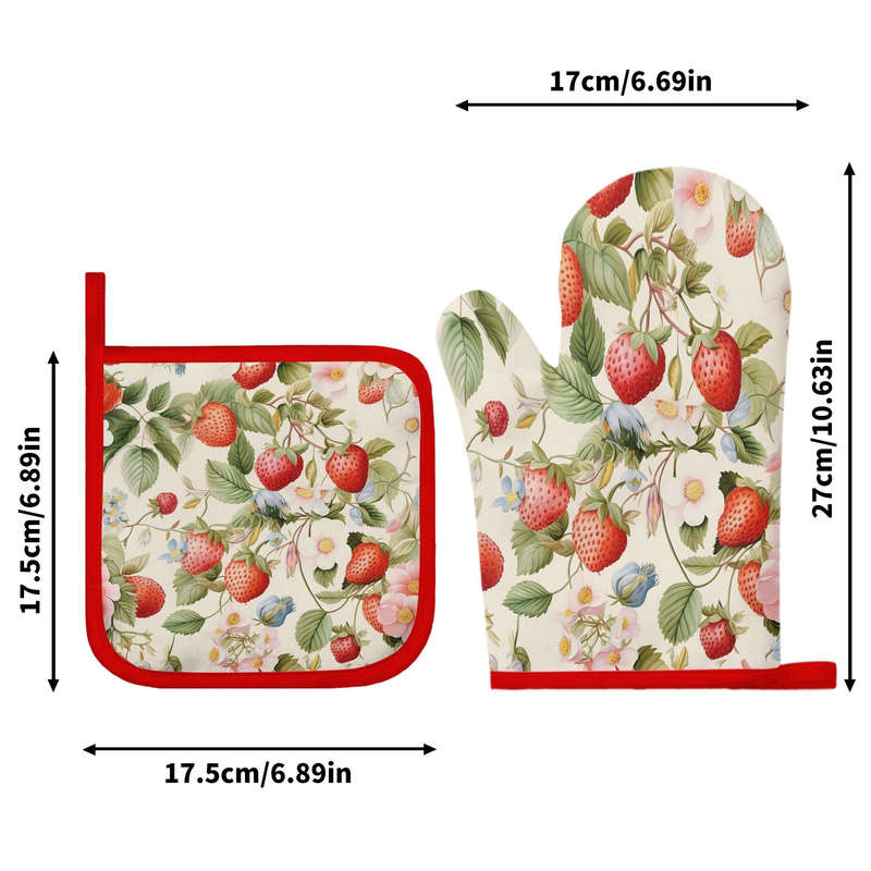 2pcs Strawberry and Floral Pattern Silicone Oven Mitts Pot Holders Thickened Non-Slip Heat R
