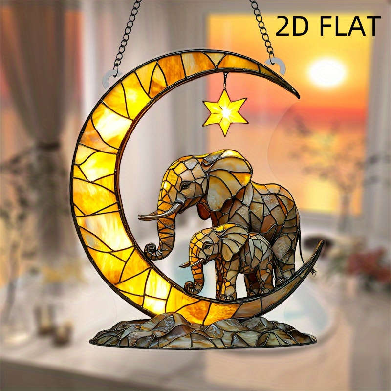1pc 2D Flat  17.78cm x 20.32cm Acrylic Moon Star Elephant Family Wall Art Vibrant Stained Glass