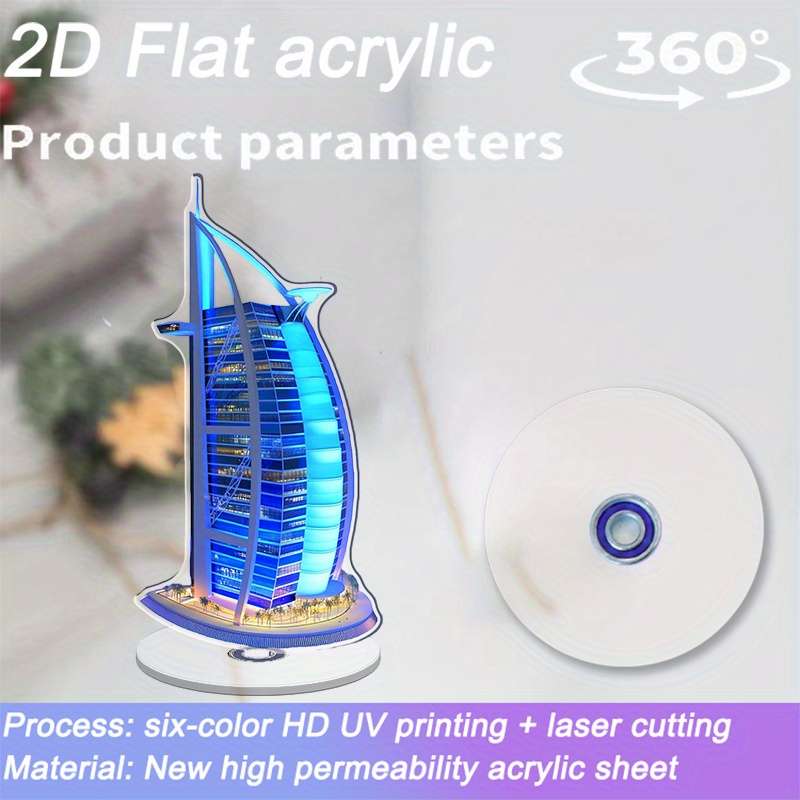1pc 2D Flat    Acrylic Burj Al Arab Figurine with Rotating Base Modern Home Office Desktop