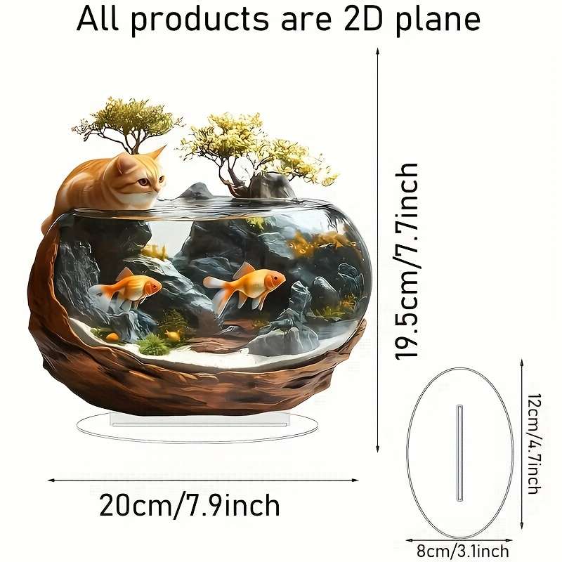 1pc 2D Flat   Plane Vintage Style  Acrylic Greedy Cat Aquarium Tabletop Decoration Animal The