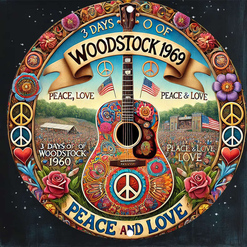 1pc 2D Flat Woodstock Music Festival Hippie Peace Sign Art Retro Round Tin Sign Vintage Wall Dec