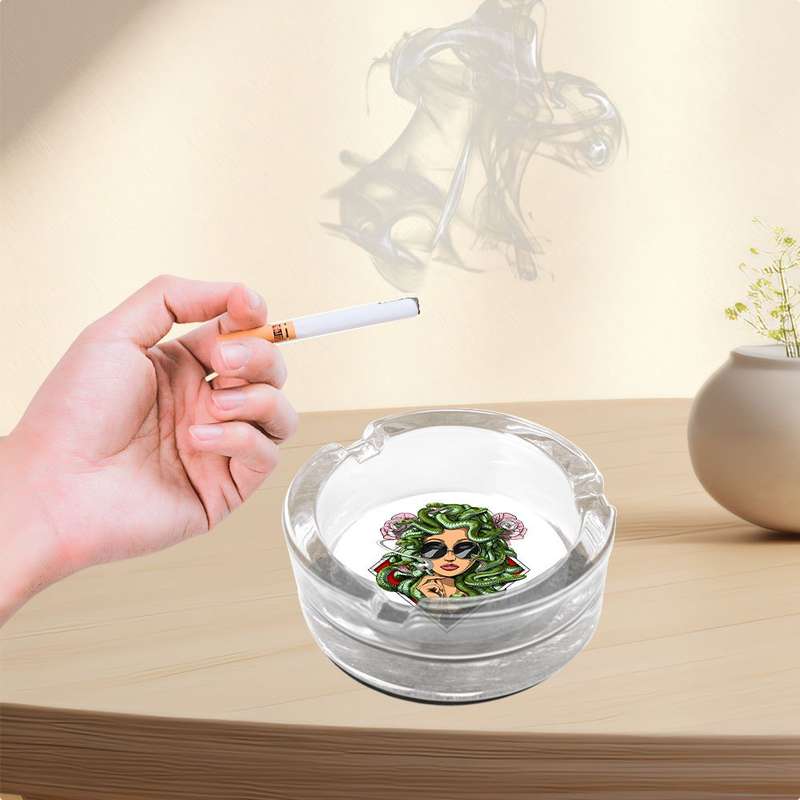1pc Medusa Art Glass Ashtray with Anti-Slip Base Emerald Serpent Blossom Motif Crystal Clear R