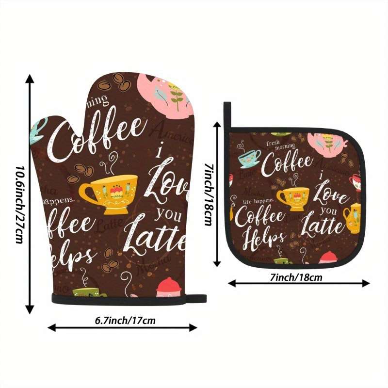 2pcs Vintage Coffee Pastry Design Oven Mitts and Pot Holders 26.92x17.02 cm Heat Resistant