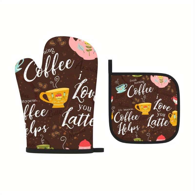 2pcs Vintage Coffee Pastry Design Oven Mitts and Pot Holders 26.92x17.02 cm Heat Resistant