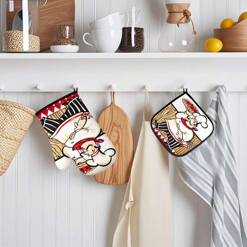 2 piece set Kitchen Oven Gloves and Hot Pads Pizza Chef Design for Kitchen Cooking Baking and