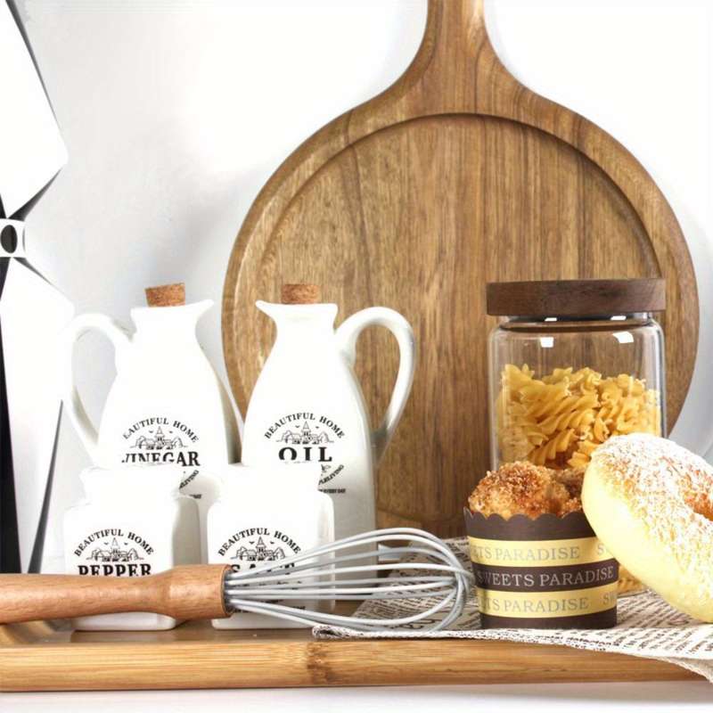 4pcs Ceramic Kitchen Storage Bottles with Cork Lids Rust-Proof Oil Spice Jars Vintage-Insp