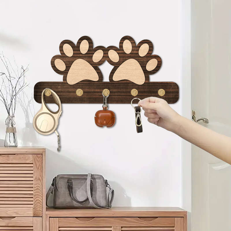 1pc Farmhouse Wooden Dog Paw Key Holder Wall MountRustic Dark Brown Organizer with 5 Unique Paw H