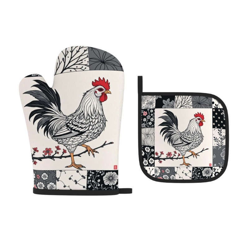 2pcs Rooster Plum Blossom Heat-Resistant Oven Mitts Floral Chinese Design 26.92x17.02 cm