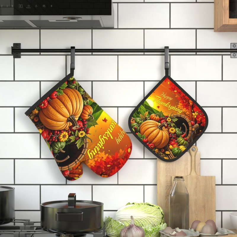 2pcs Autumn Harvest Heat-Resistant Oven Mitts 26.92x17.02 cm Vibrant Pumpkin Vegetables De