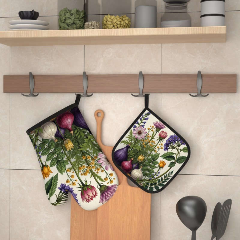 2pcs Watercolor Floral Polyester Oven Mitts Heat Resistant Woven Potholders for Kitchen Decor