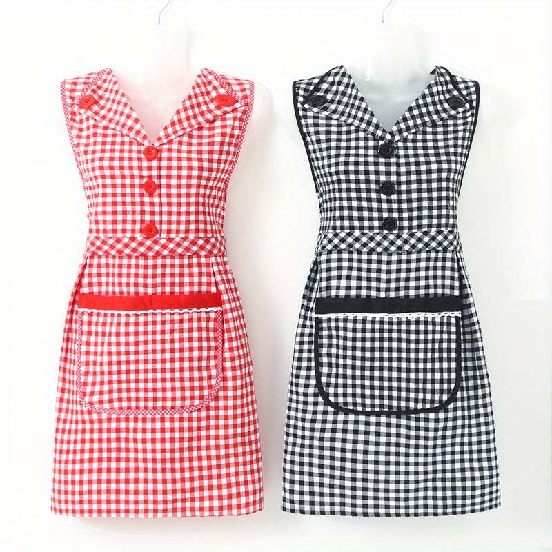 1pc Stylish Gingham Apron with Collar Red White or Black White Plaid Pattern Adjustable