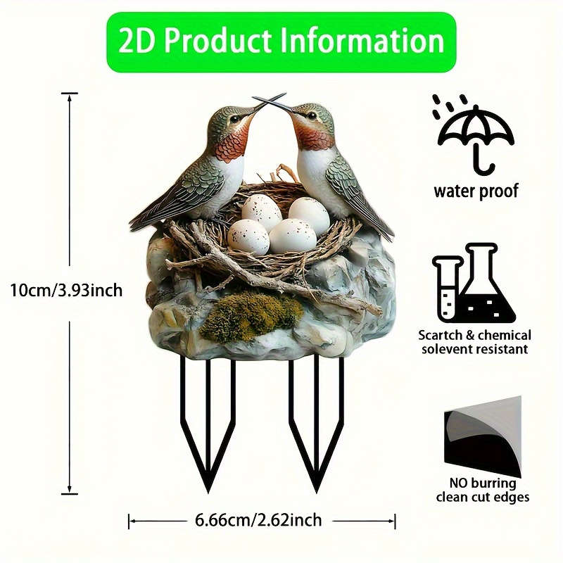 1pc 2D Flat Charming  Acrylic Hummingbird Garden Stake with Lifelike Birds Eggs Rustic Outdoor D