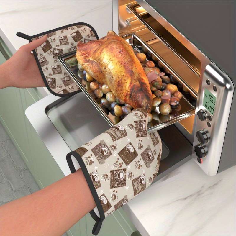 2pcs Coffee Time Oven Mitts Potholders Heat-Resistant Machine Washable Polyester with Fun