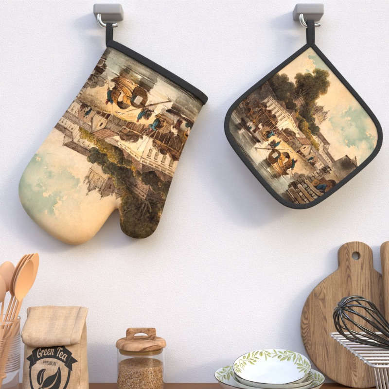 2pcs Heat-Resistant Oven Mitts with Charming Small Town Life Design 26.92x17.02 cm Polyester