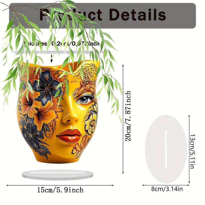 1pc 2D Flat  Bohemian Acrylic Vase with Intricate Floral Design 14.99 x 19.99 cm Vibrant Yellow
