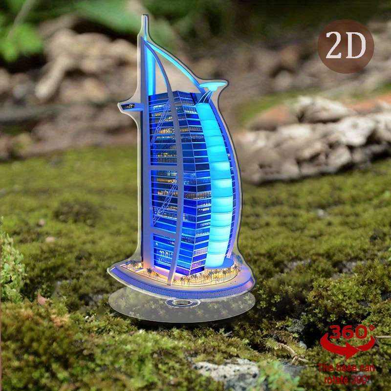 1pc 2D Flat    Acrylic Burj Al Arab Figurine with Rotating Base Modern Home Office Desktop