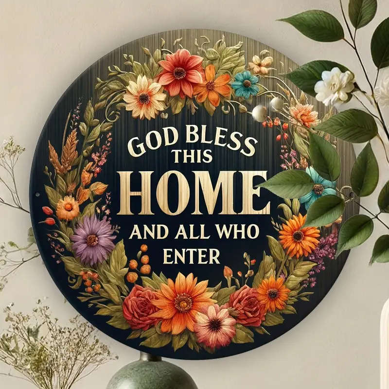 1pc Rustic Fiberboard Circular Sign 7.04x7.04 God Bless This Home Wreath Design Welcome Wall Art for