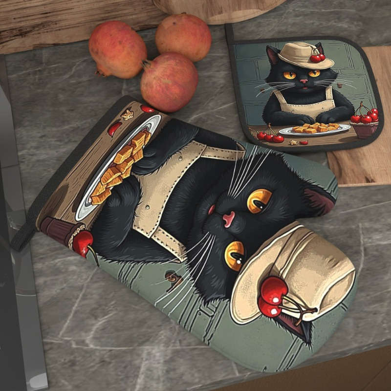 2pcs 26.92x17.02 cm Oven Mitts And Potholders Kitchen Style Black Cat Artistic Style Heat Resis