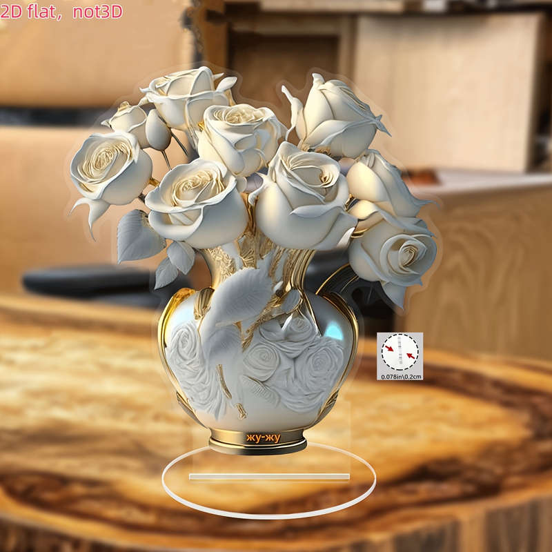 1pc 2D Flat  Elegant  Acrylic White Rose Desktop Decor with Golden Vase 18.01cm x 16.69cm Flora