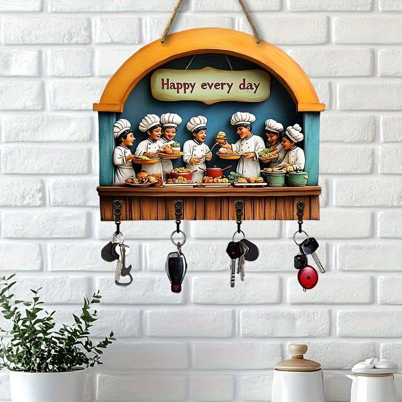 Colorful Wooden Key Holder with Four Metal Hooks"Happy Every Day" Chef Design 30.0cm x 24.99cm