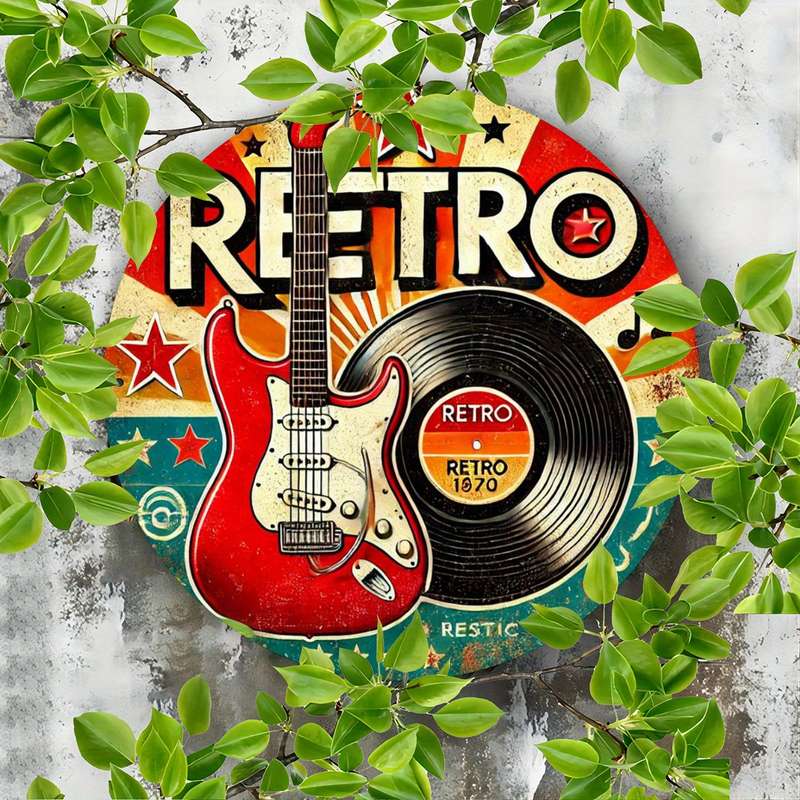 1pc Vintage Guitar and Vinyl Record Design 19.81 cm Round Iron Wreath Sign Vintage Style Wall Dec