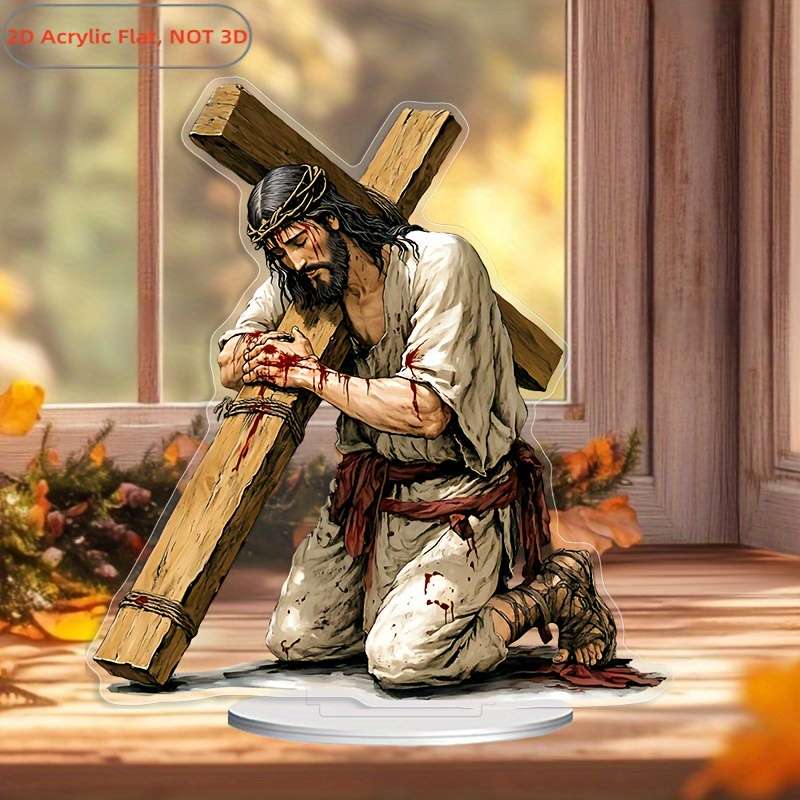 1pc 2D Flat   Acrylic Jesus Crucifixion Desk Statue with Detailed Blood-Stained Clothing Design