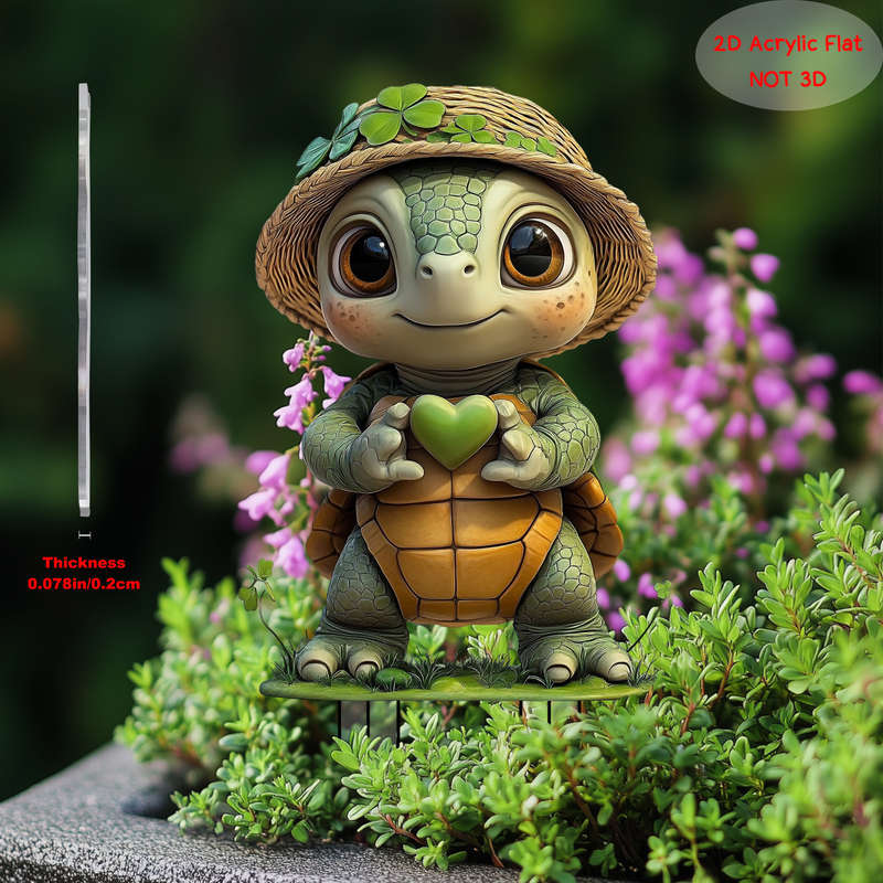 1pc 2D Flat    PrintingCute  Acrylic Turtle Garden Stake with Four Leaf Clover Vivi