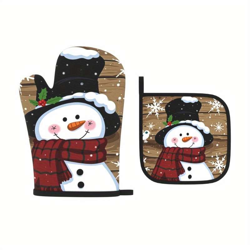 2pcs Christmas Snowman Oven Mitts Heat Resistant 26.92x17.02 cm Festive Snowman Snowflake