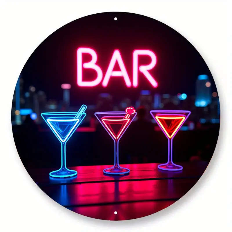 1pc Vintage Metal Sign Retro Neon Cocktail Glasses City Skyline in Background Vibrant Colors Dark Ur