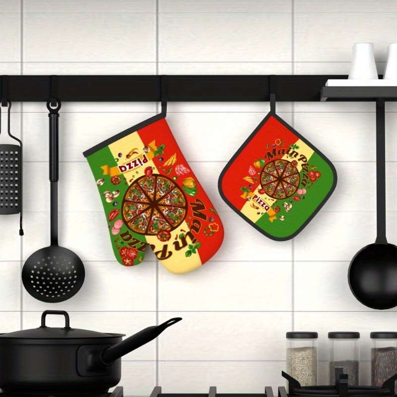 2pcs Colorful Pizza Slice Oven Mitts Pot Holders Heat Resistant Machine Washable Polyester